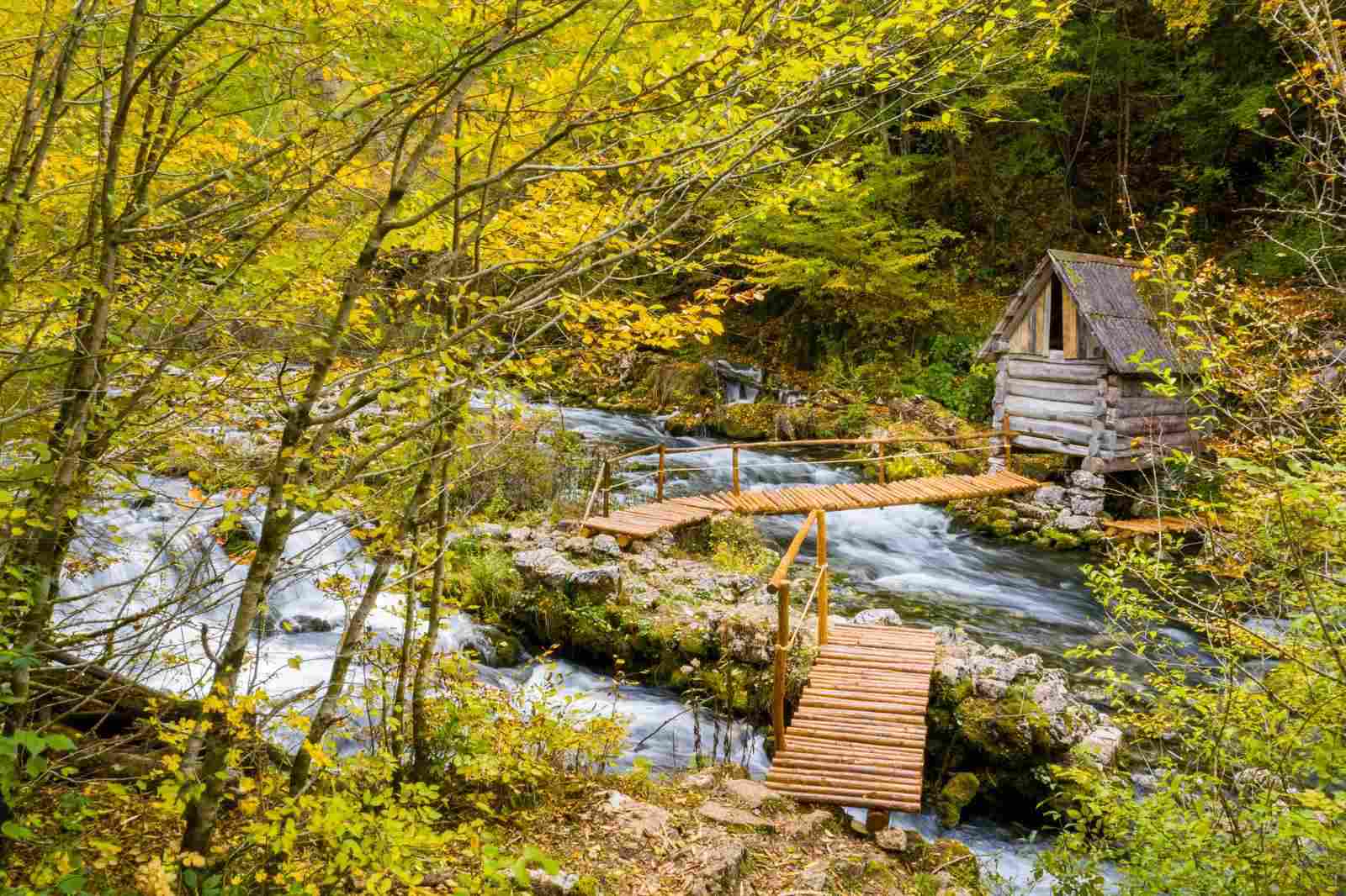 Drveni mostići i vodenica na izvorištu Sane